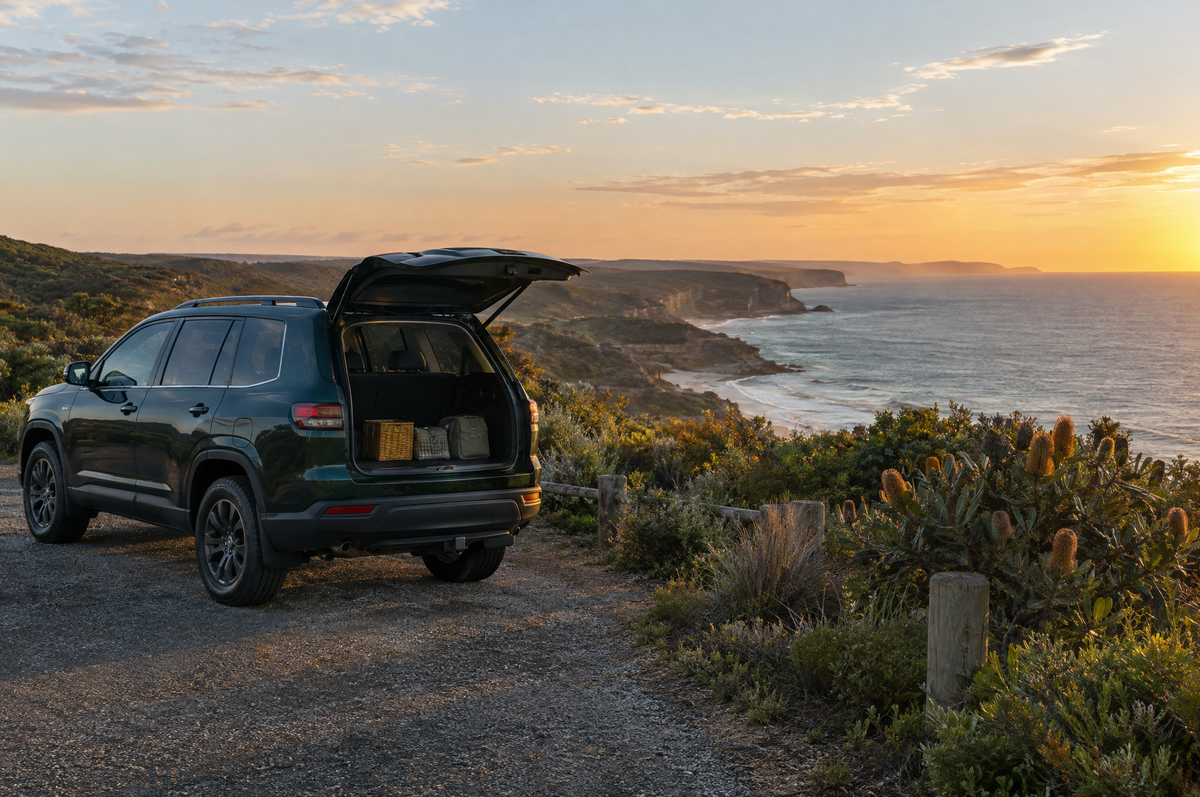 SUV with boot open at a coastal lookout at golden hour