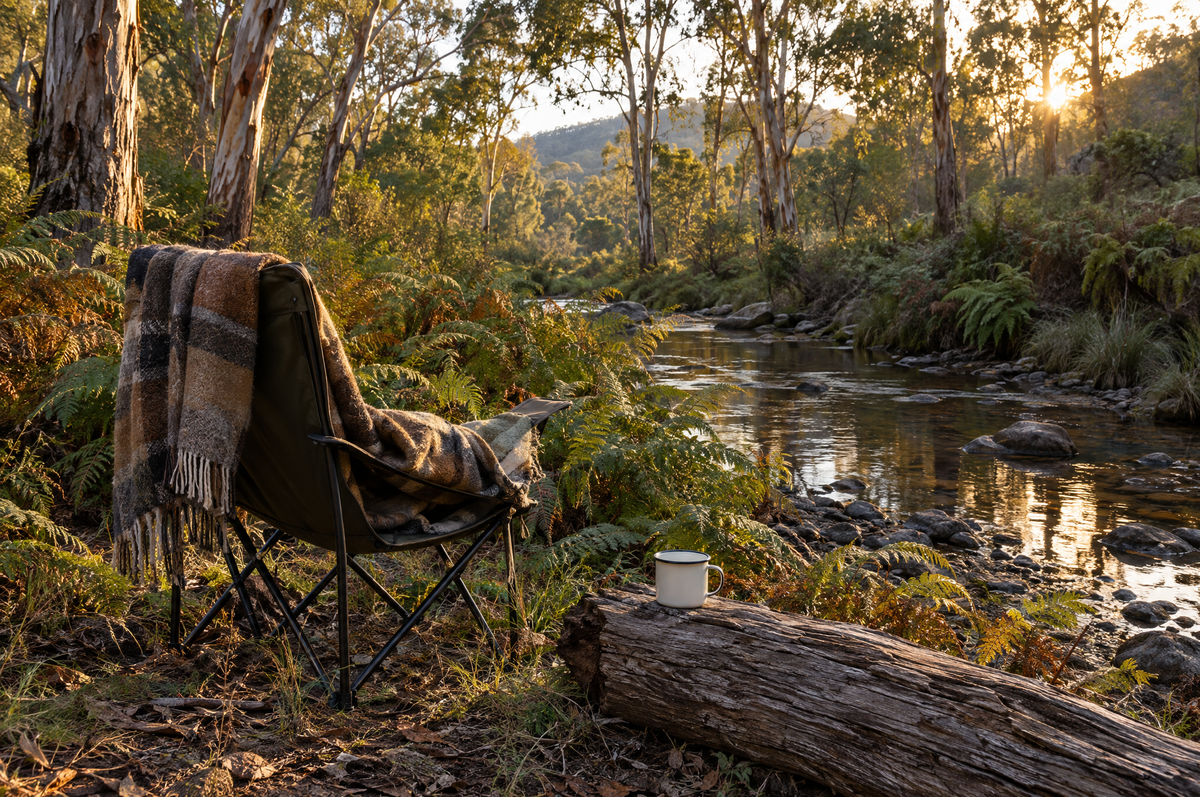 Camp chair and blanket beside a bush creek in late afternoon
