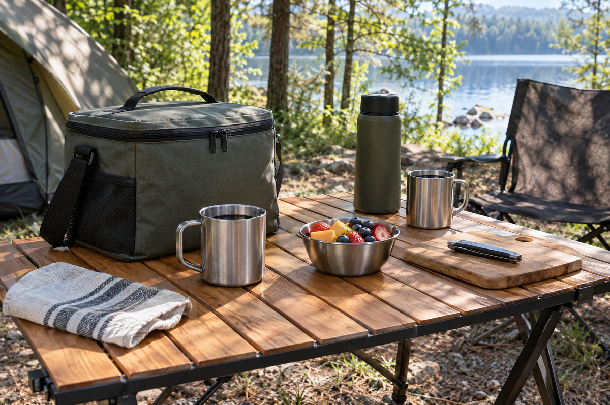Camp kitchen table with cooler bag and mugs at a morning campsite