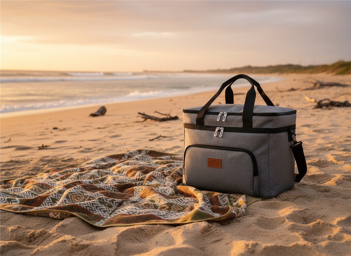 Insulated cooler tote at camp