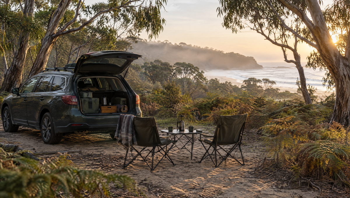 Bracken Road hero: wagon and camp chairs at a bush campsite at dawn