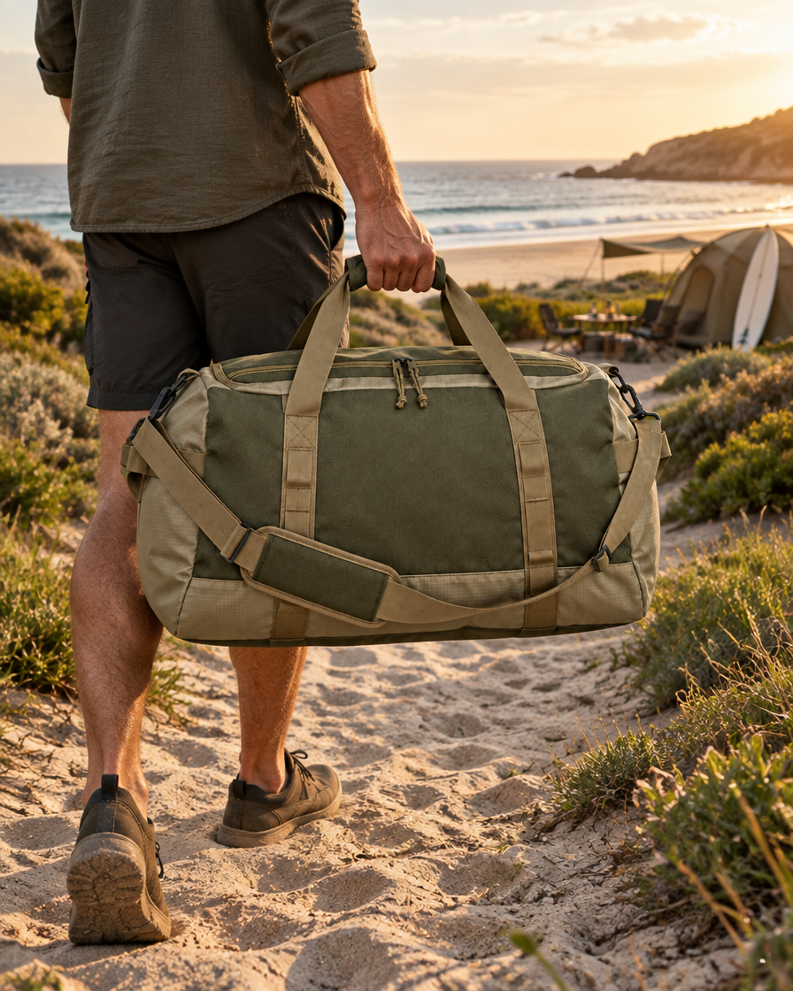 The Bracken Duffel 65L carried to a beach campsite