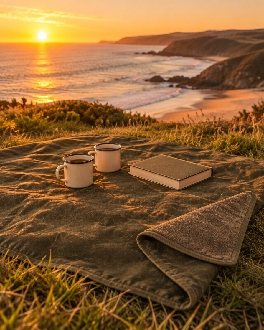 The Basecamp Blanket on the grass above a beach at sunset