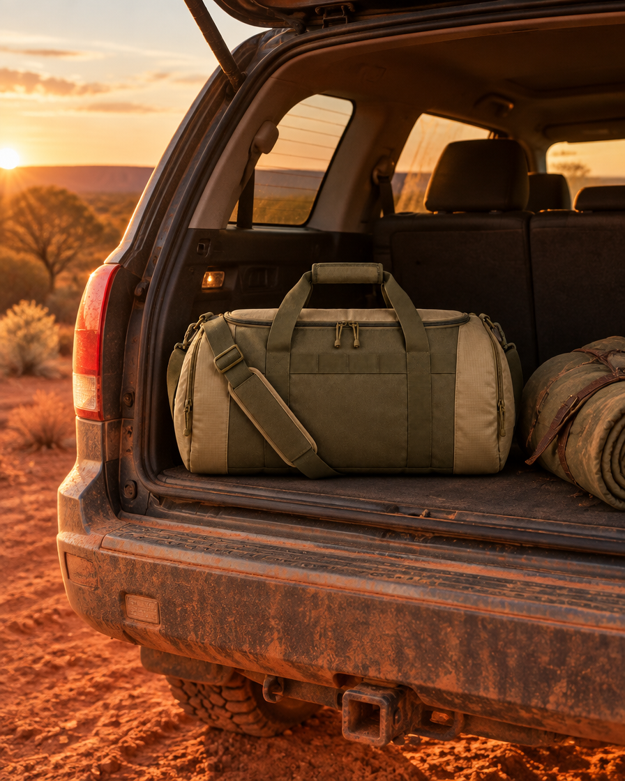 The Bracken Duffel 45L in the boot of an SUV in the outback