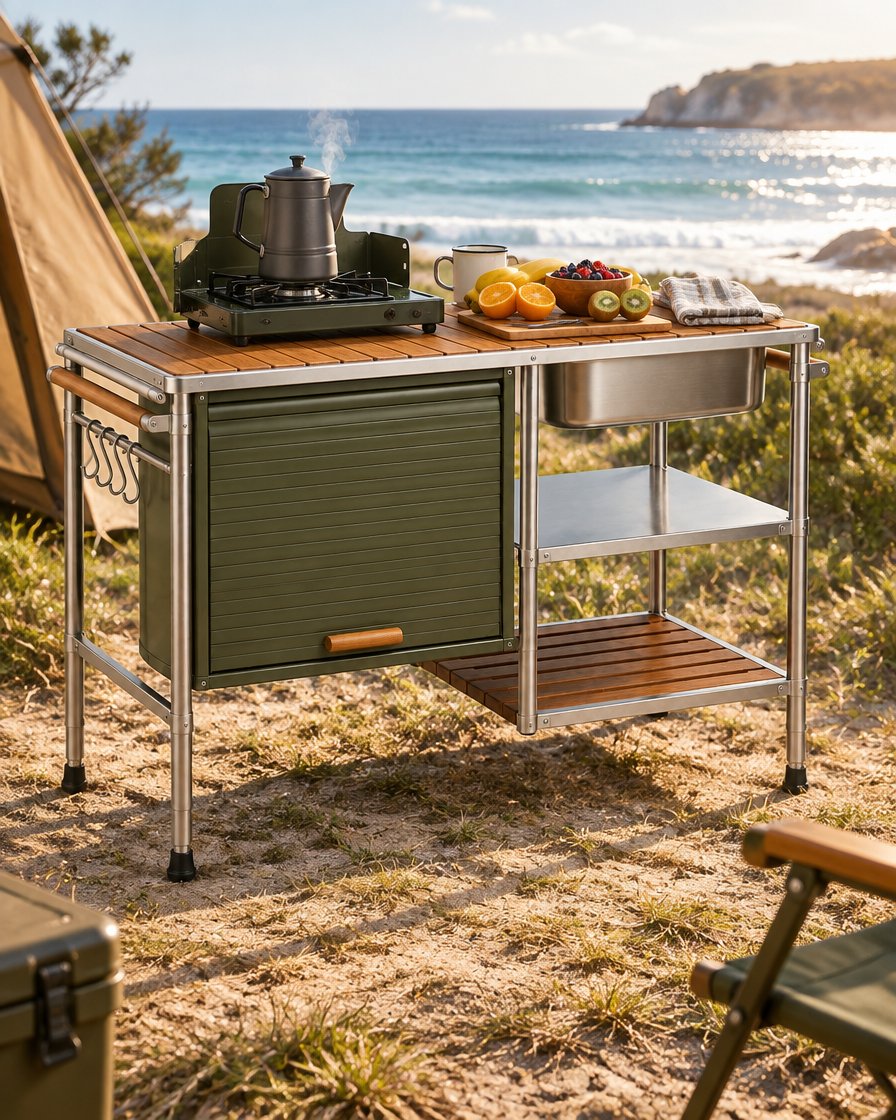 The Basecamp Roll Table set up at a beachside campsite