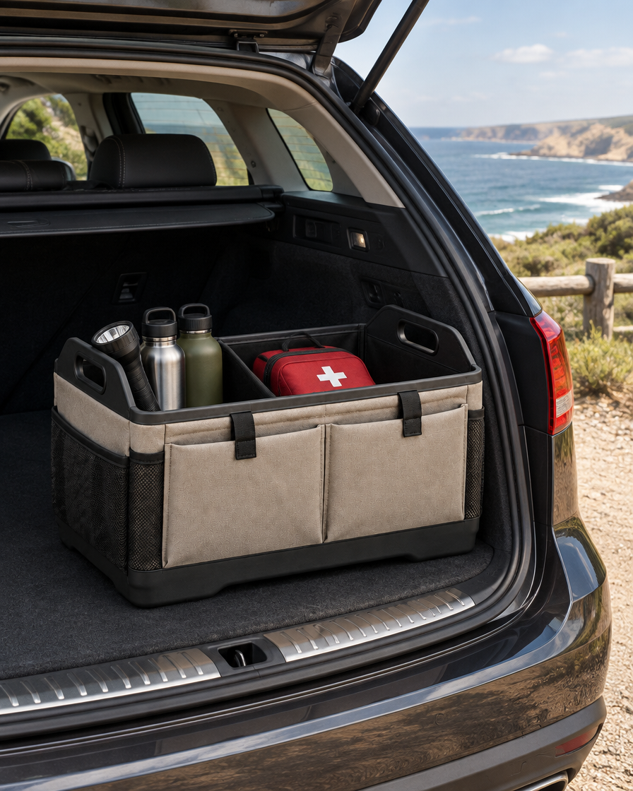 The Weekender Boot Organiser in a station wagon boot at a coastal lookout