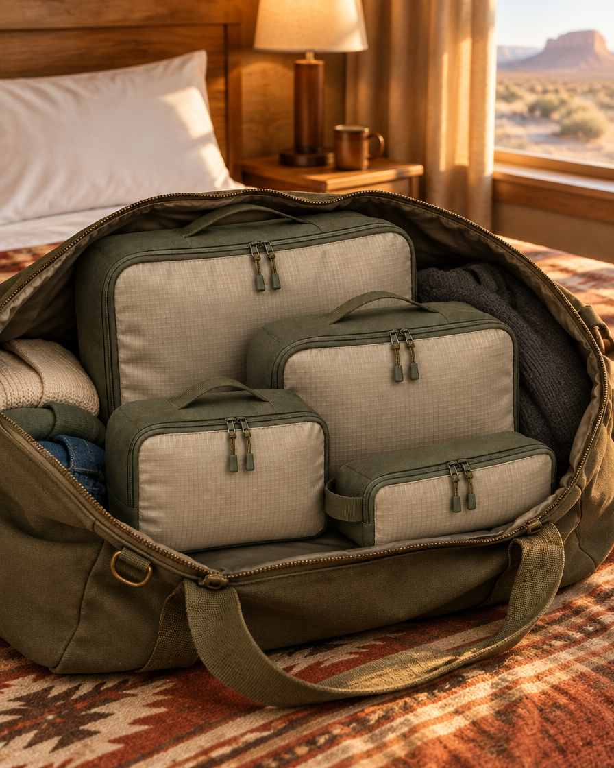 Trailhead Packing Cube Set packed inside a duffel on a road trip