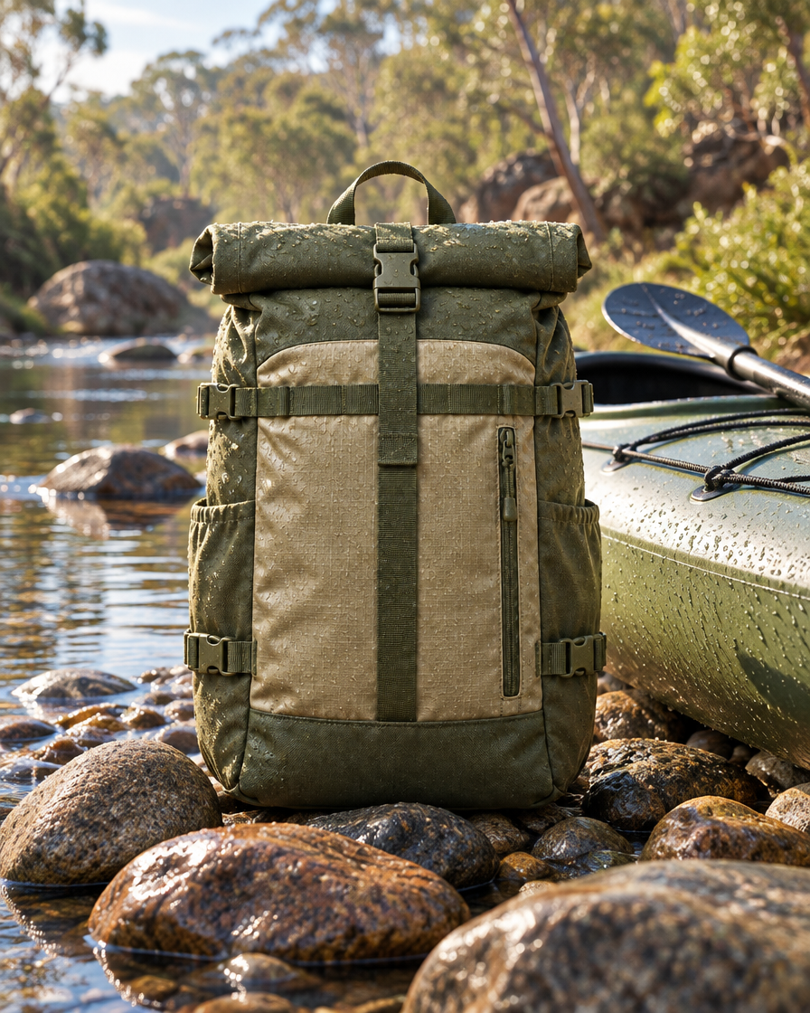The Overlander Roll-Top 20L beside a kayak at a bush creek