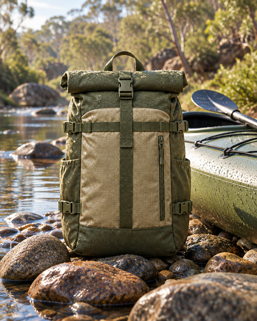 The Overlander Roll-Top 20L beside a kayak at a bush creek