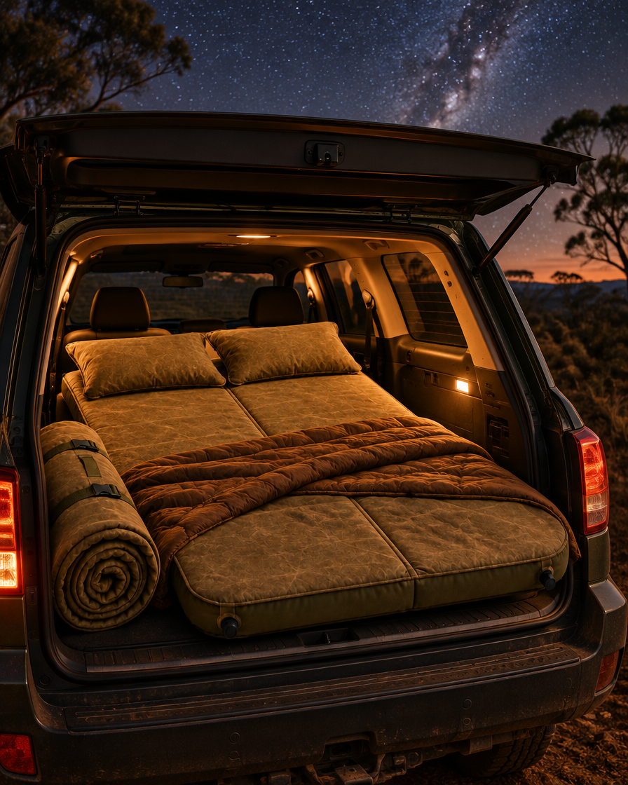 The Bracken Double Mat & Pillow Set made up in the back of an SUV