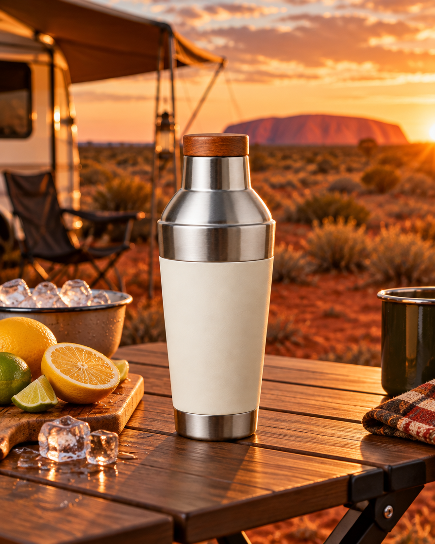 The Overlander Dual Tumbler sundowners at the caravan