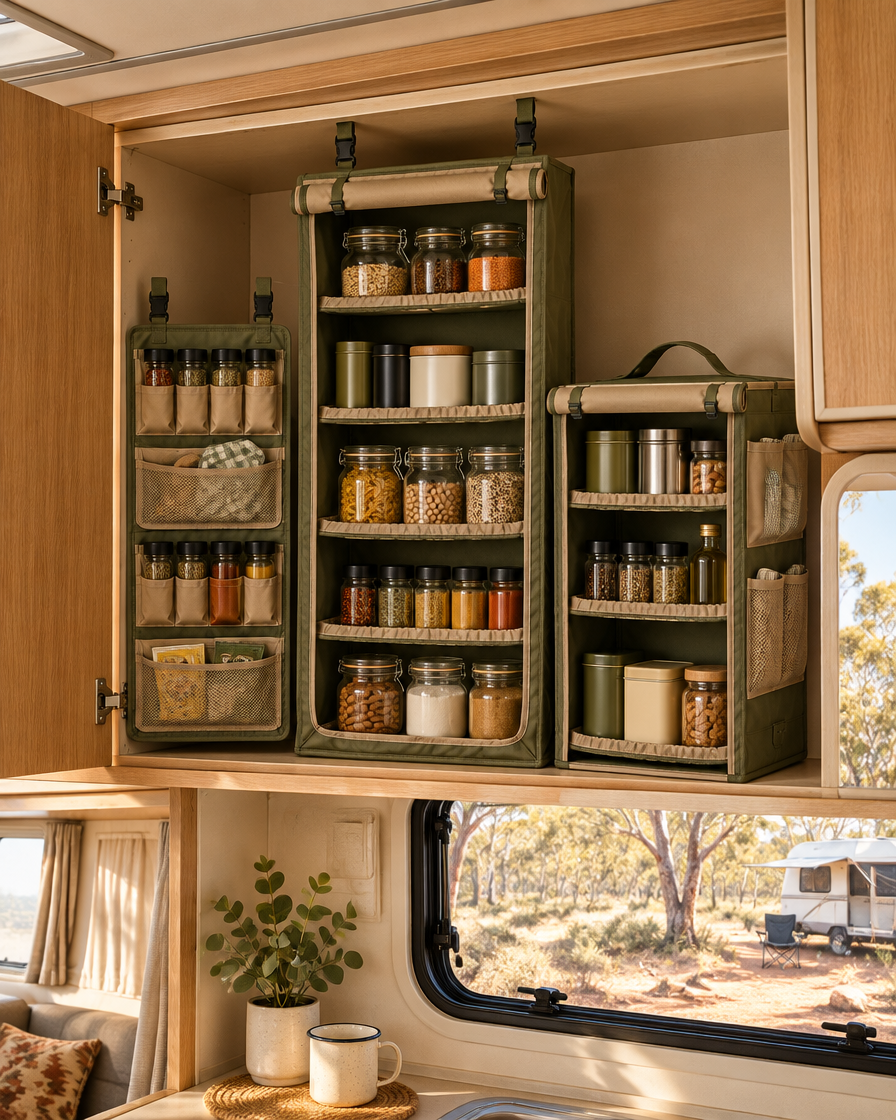 The Basecamp Cupboard & Pantry Organiser Set fitted in a caravan cupboard