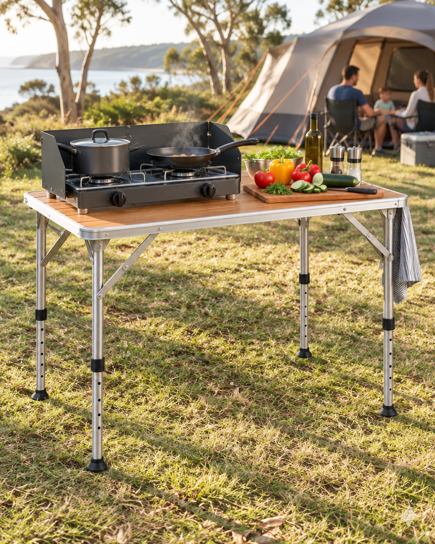 The Basecamp Adjustable Table 90cm as a camp kitchen bench
