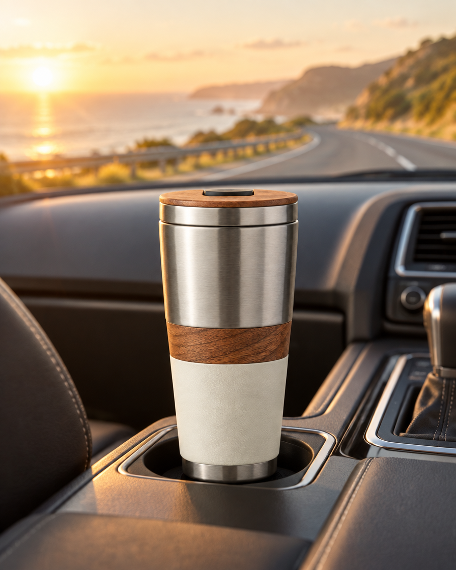 The Overlander Tumbler 500ml in the cup holder on an early drive