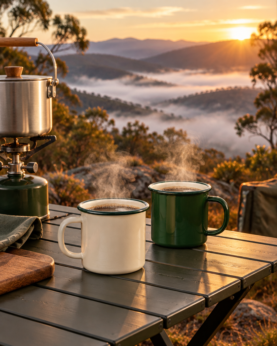 Basecamp Enamel Mug Set morning coffee in the high country