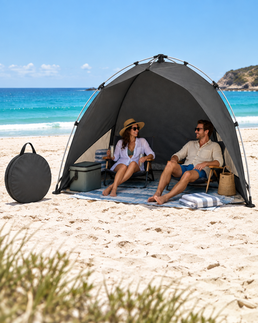 The Basecamp Instant-Up Shade Shelter on the beach in summer