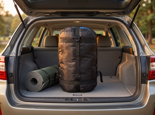 Compression sack packed in the back of a wagon