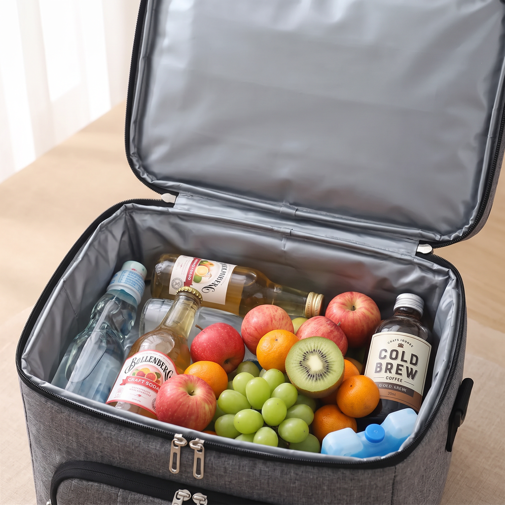 Cooler tote open, showing the insulated lining