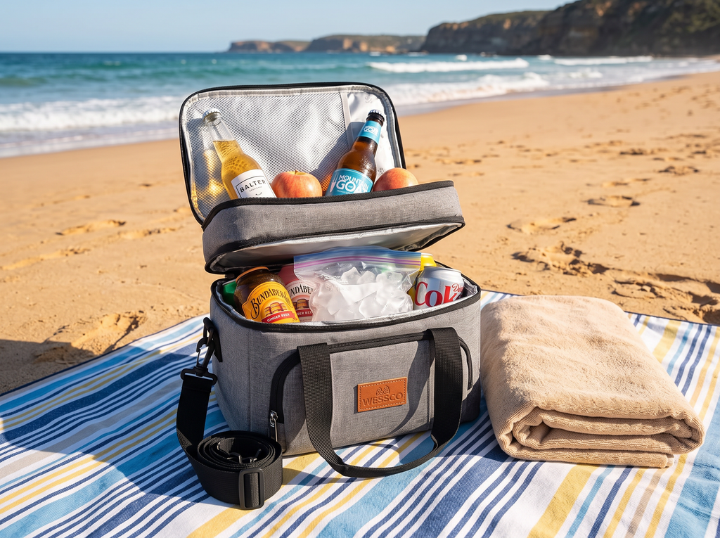 Cooler tote on a picnic blanket at the beach