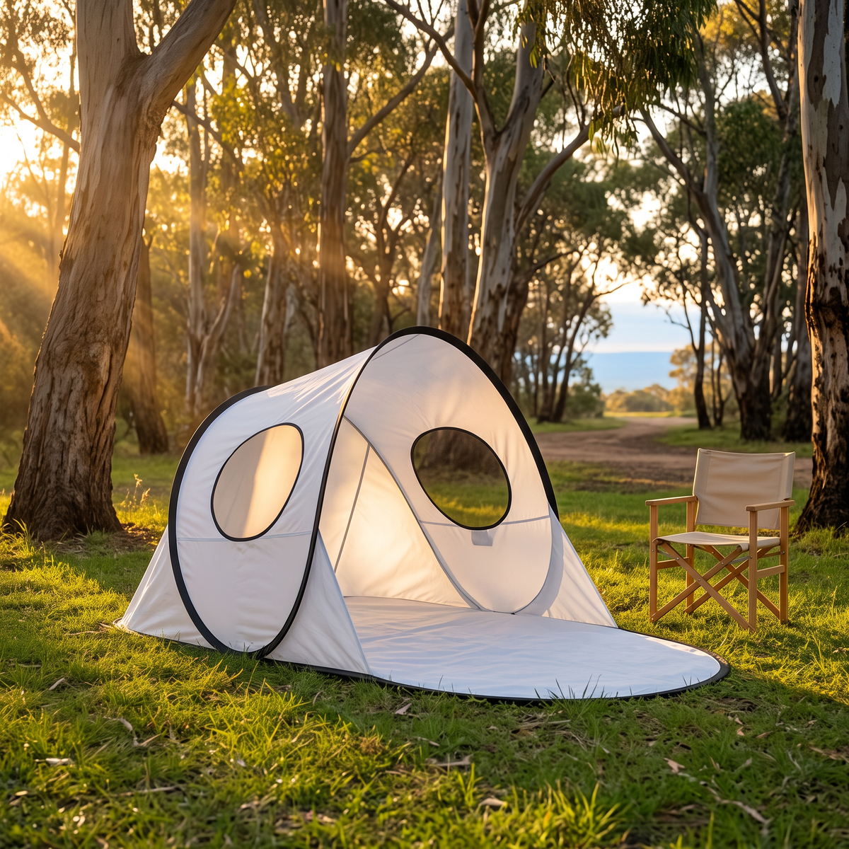 Pop-up shade at a bush campsite