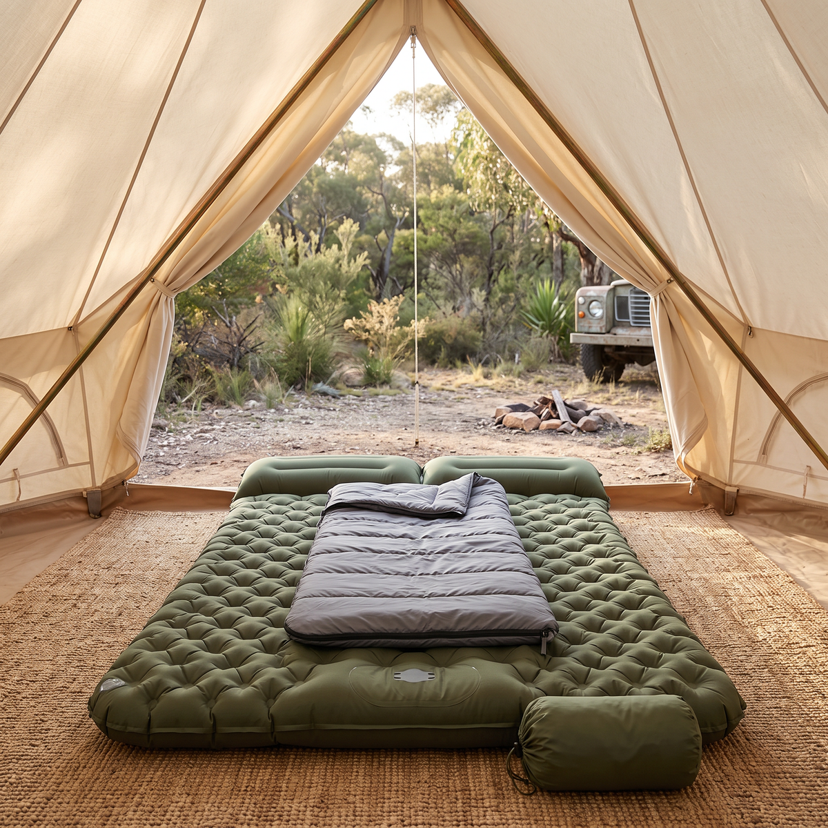 Double air mattress made up inside a tent