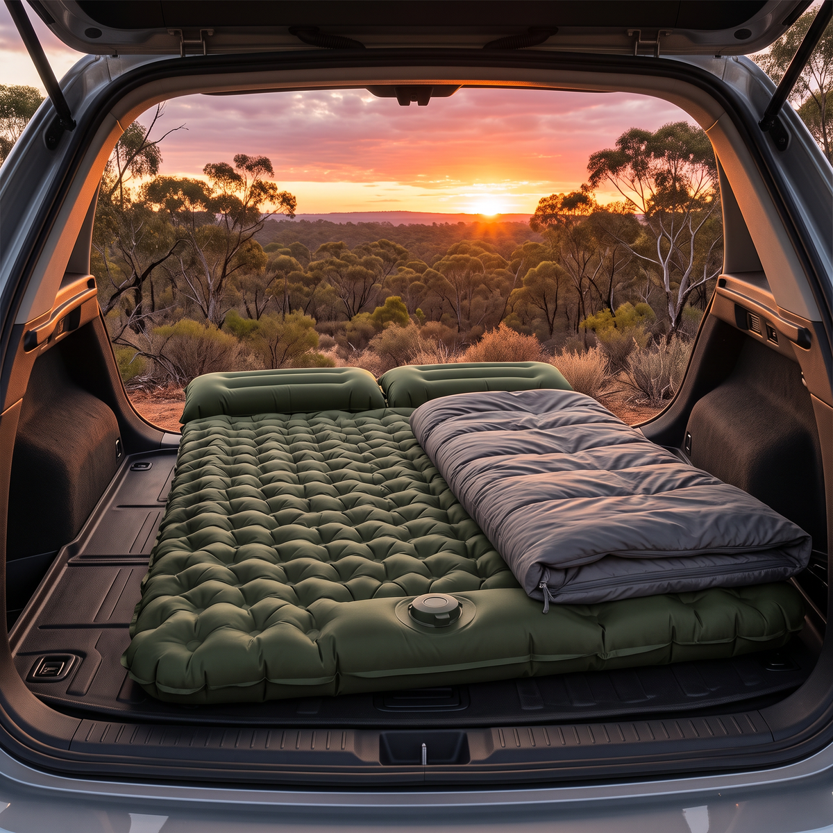 Double air mattress in the back of a wagon at sunset