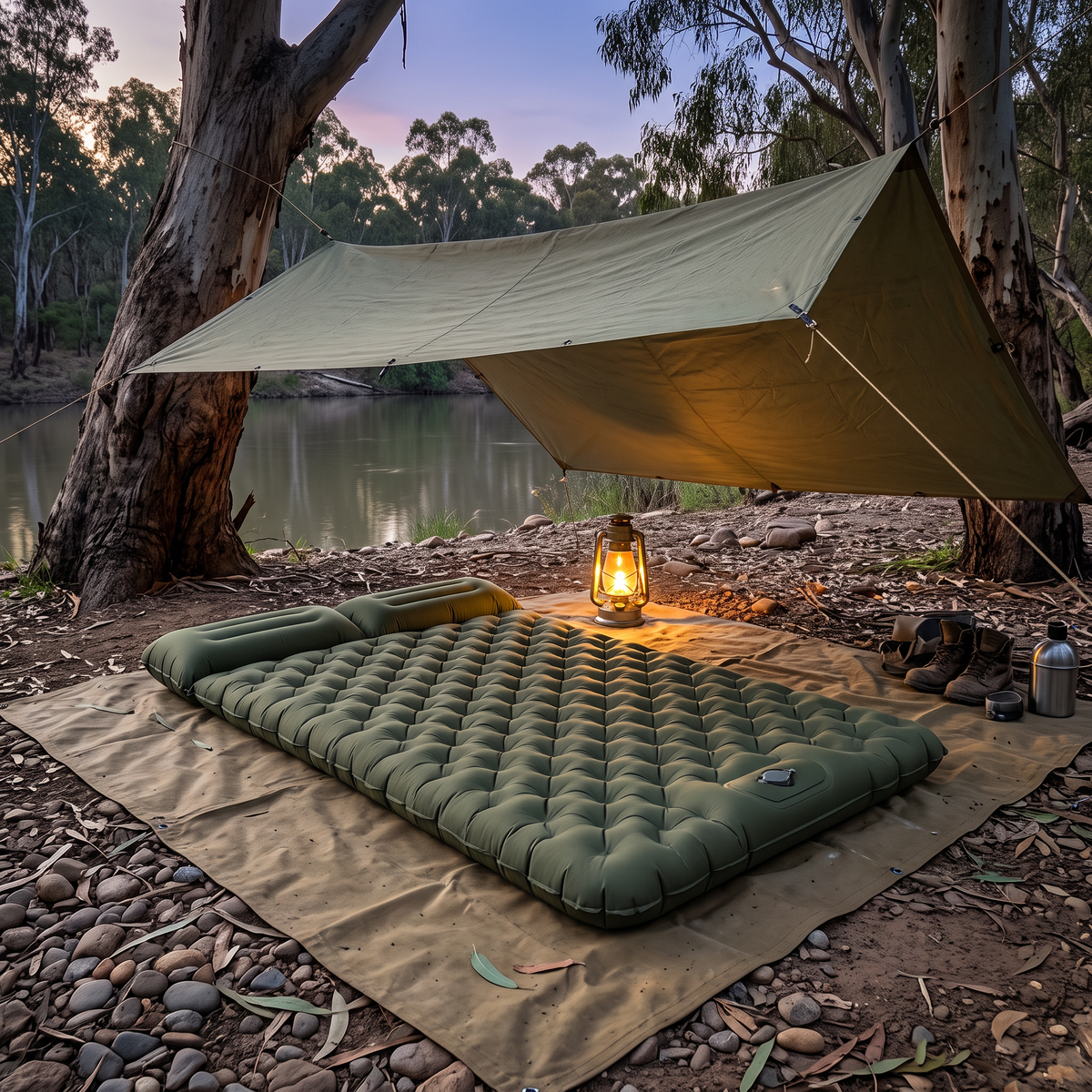 Double air mattress under a tarp by the river