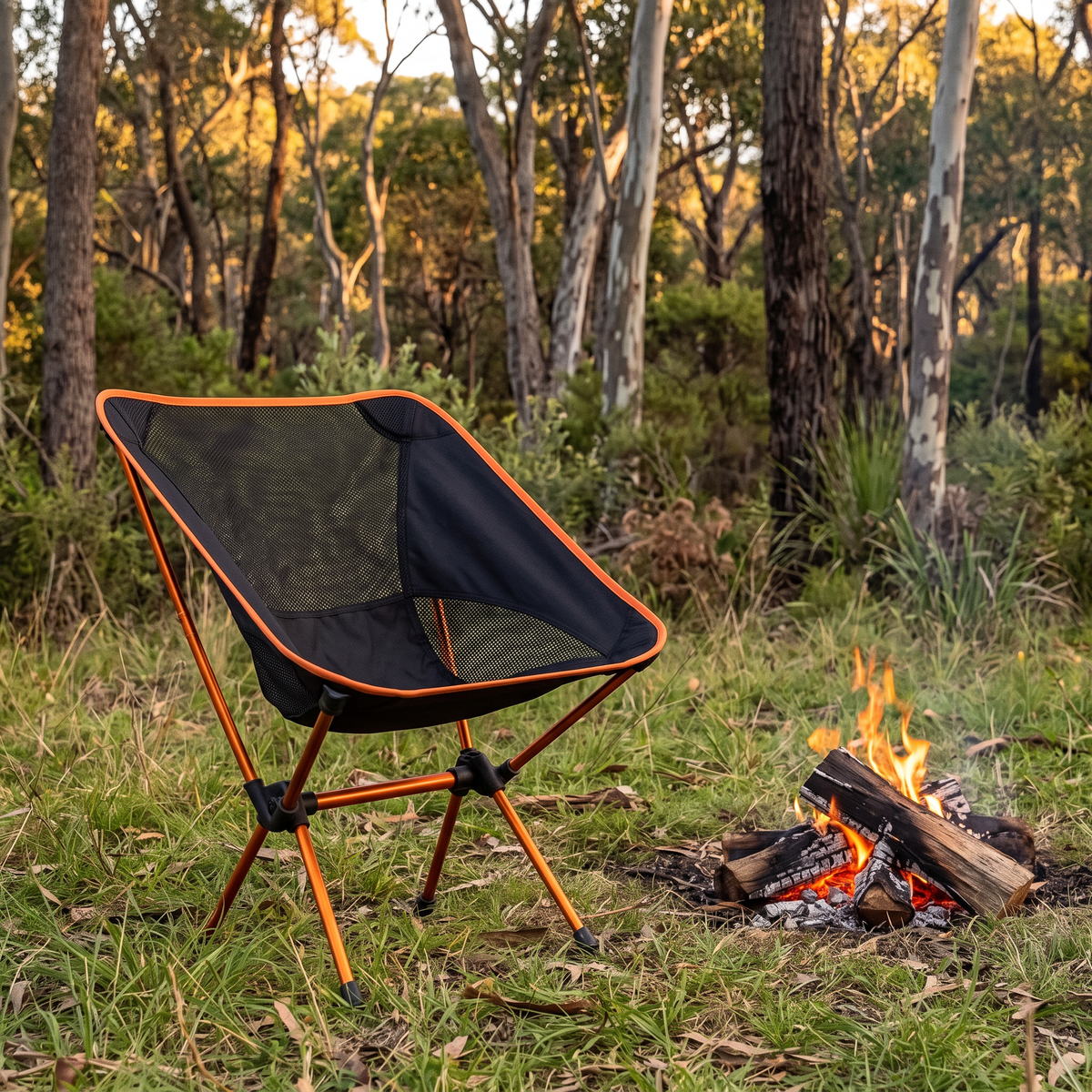 Moon chair at a bush campsite by the fire