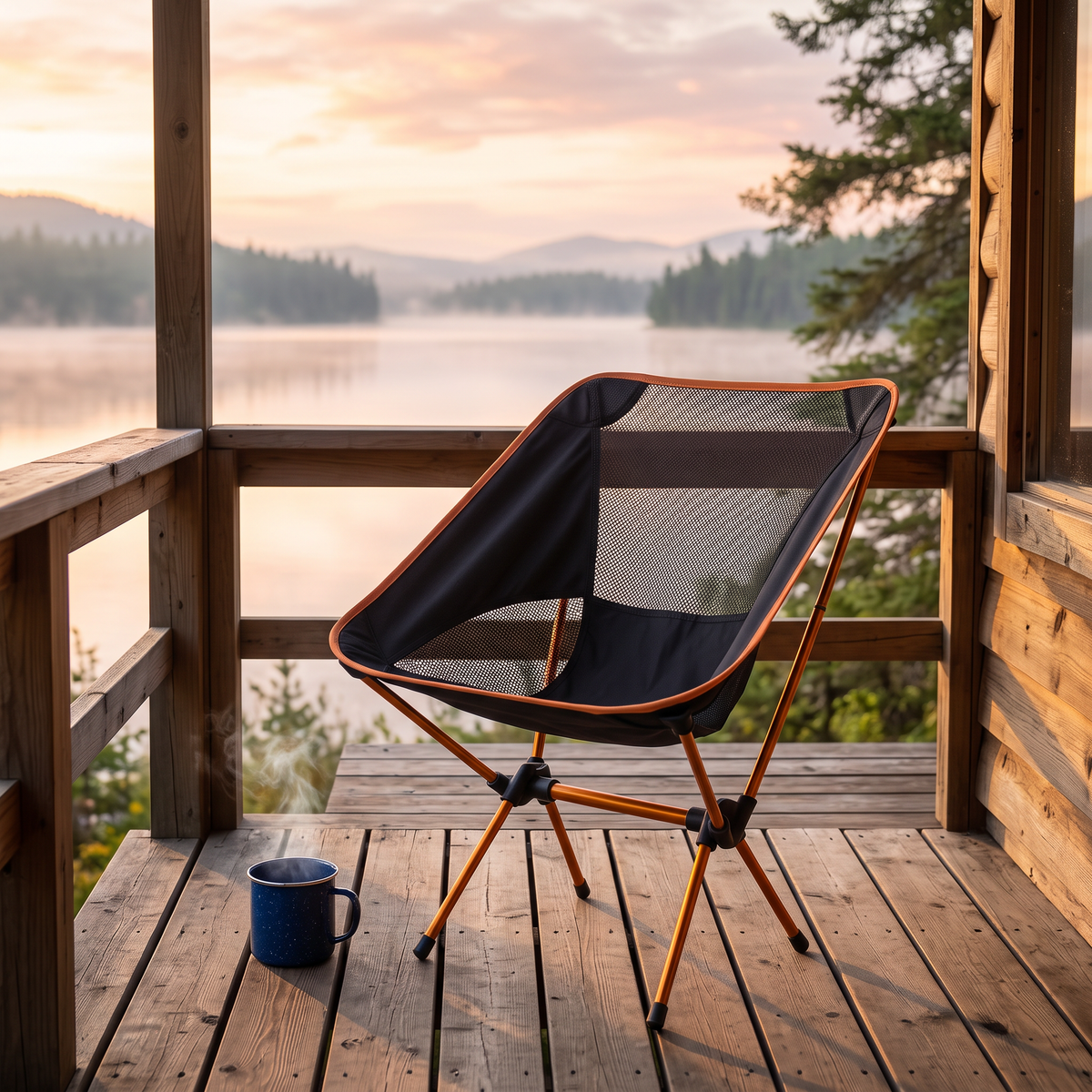 Moon chair on a cabin deck at sunrise