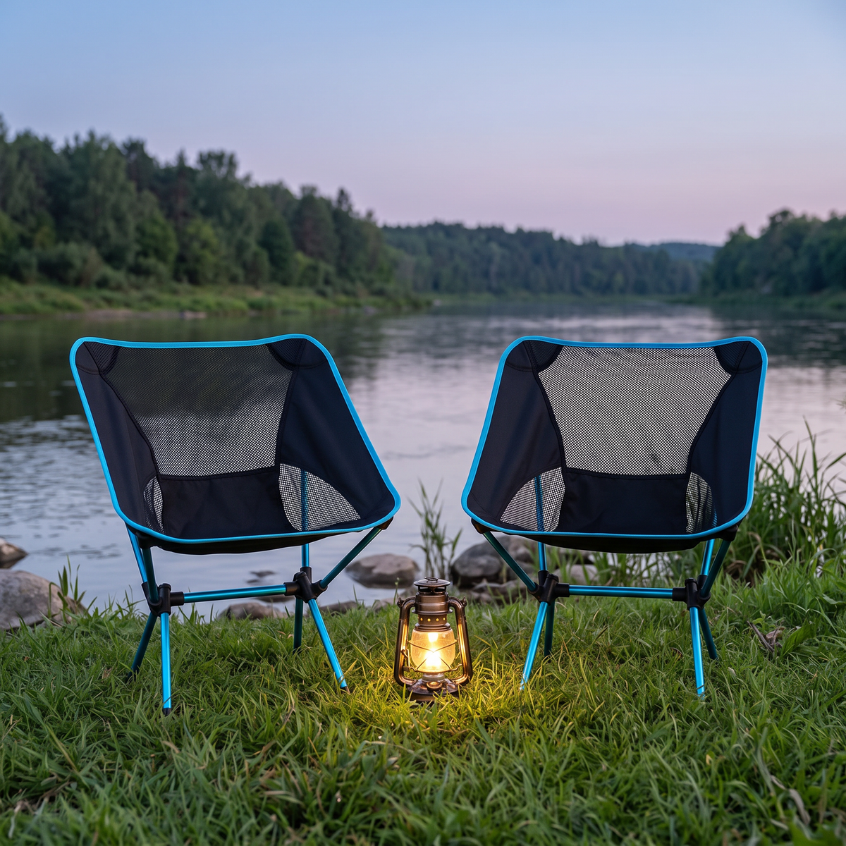 Two moon chairs at dusk