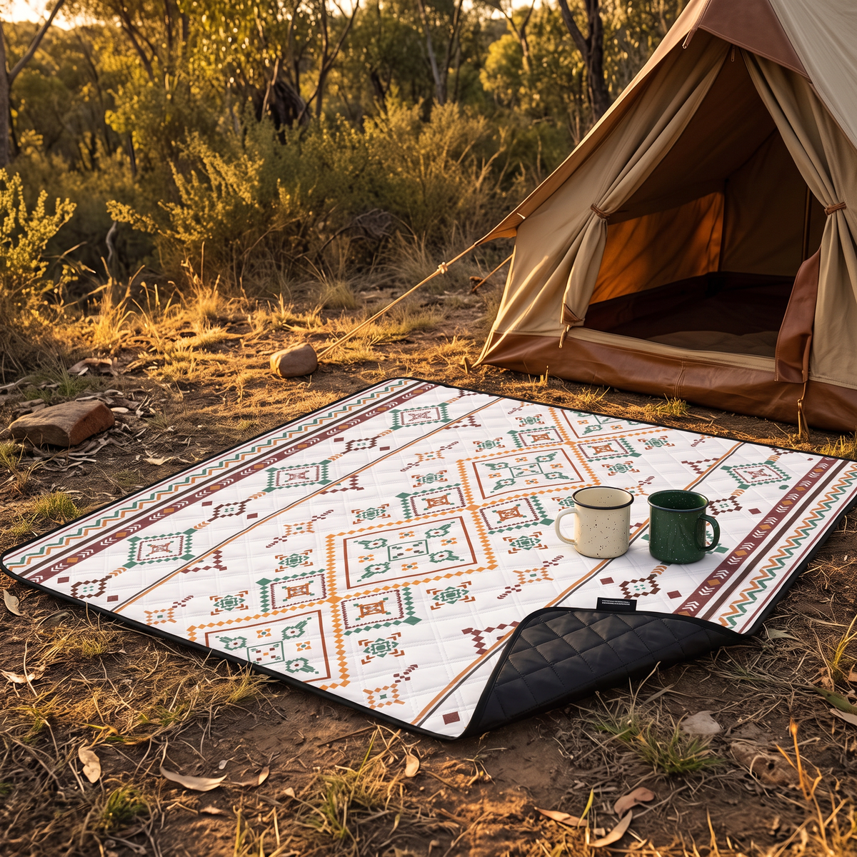 Blanket in front of a tent