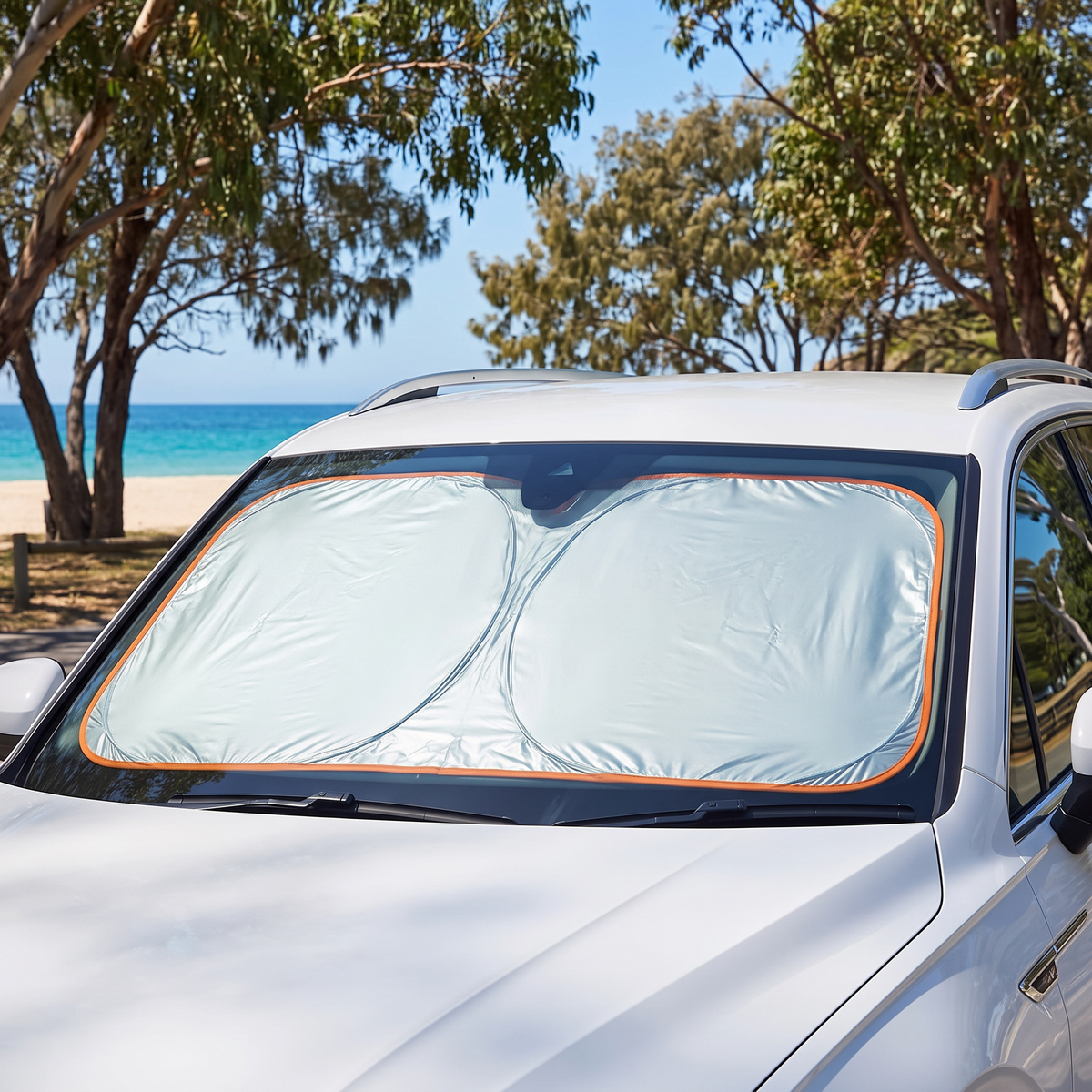 Windscreen sun shade in a parked SUV at the beach