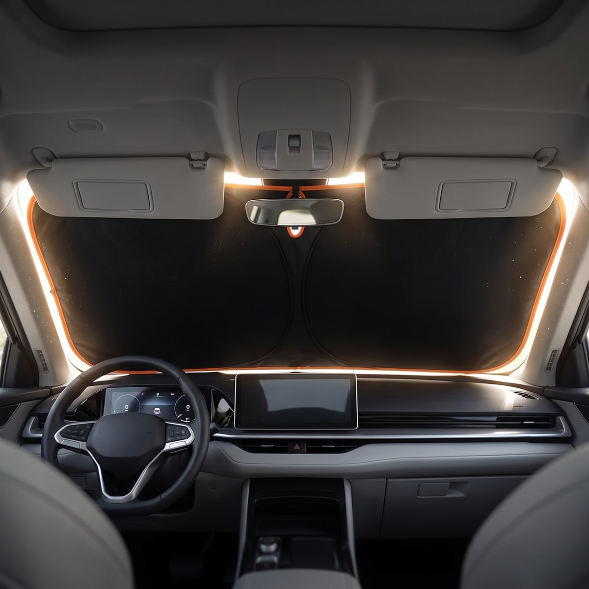Windscreen sun shade seen from inside the car