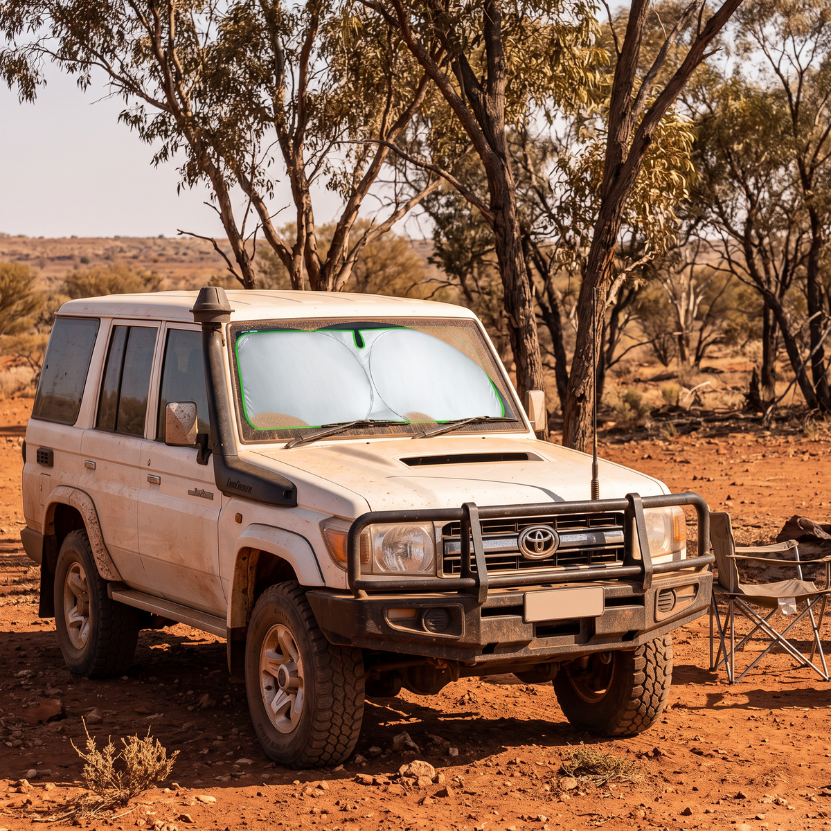 Windscreen sun shade in a 4WD at an outback campsite